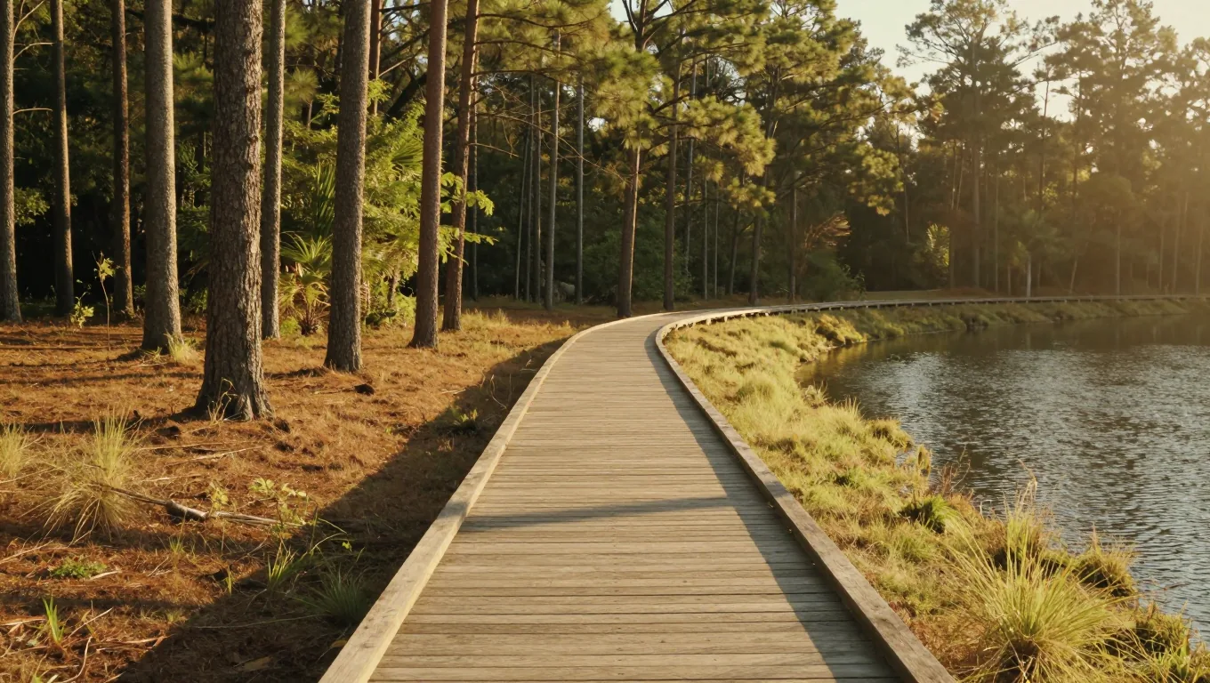 A sunlit boardwalk winding through tall pines beside a calm lake in The Woodlands