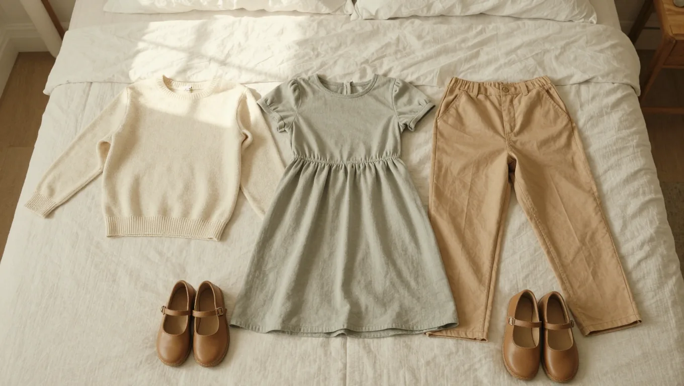 Coordinated neutral family outfits laid out on a linen bed in soft window light