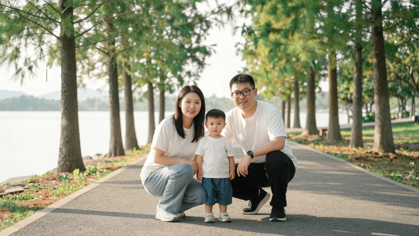 Parents crouched to their toddler's height on a lakeside path lined with pines
