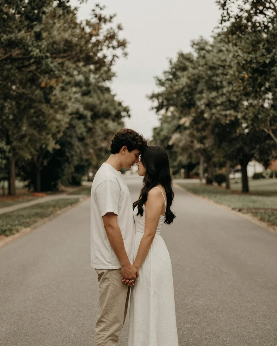A couple embracing forehead to forehead on a quiet tree-lined street