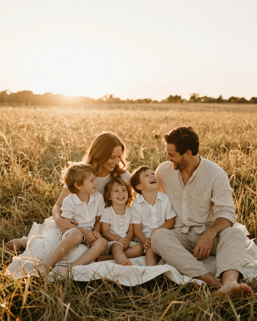 A family of four in cream and linen sitting together on a blanket in a golden meadow at sunset