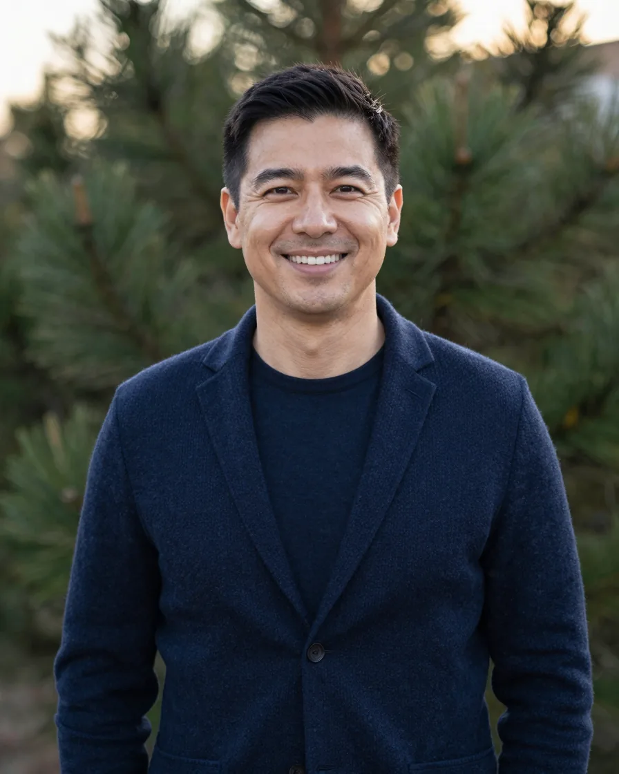 Professional headshot of a smiling man in a navy blazer with soft pine foliage behind him