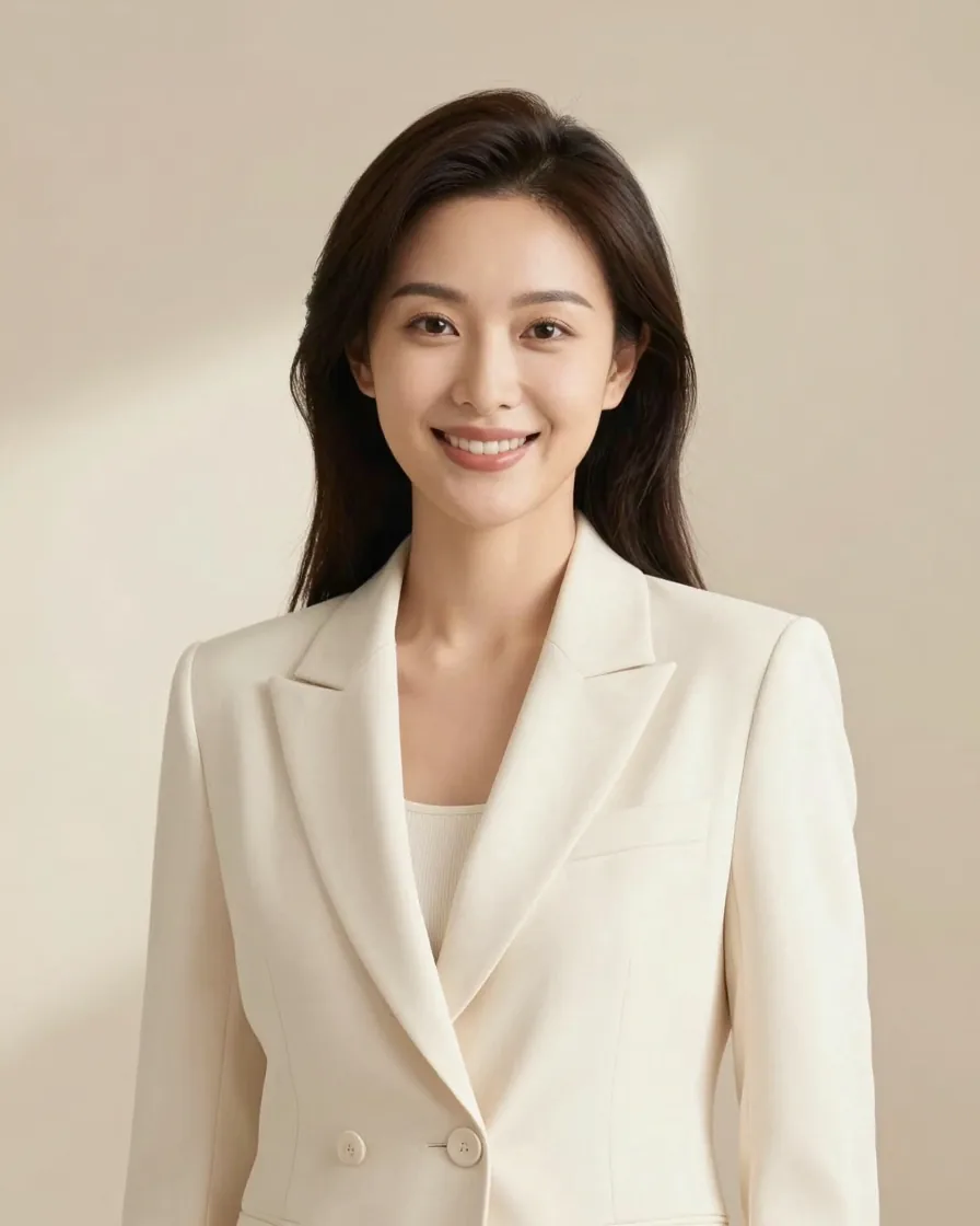 Headshot of a smiling woman in a cream blazer in soft window light