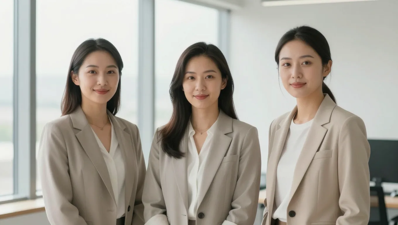 Three colleagues in neutral blazers photographed in a bright modern office
